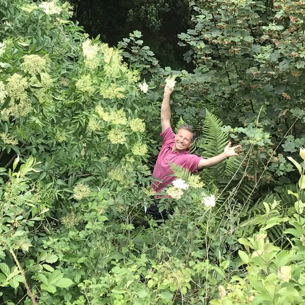 Angus picking Elderflower for a Gin Fresh Cocktail