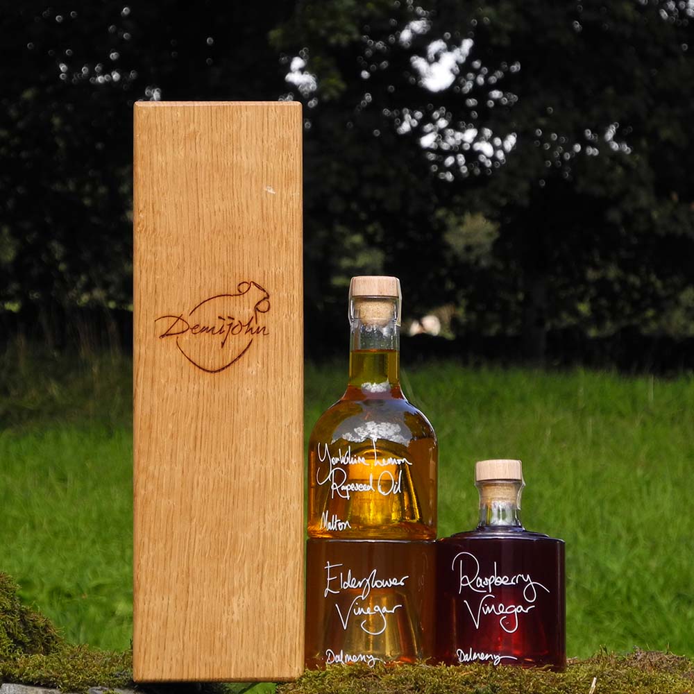 Summer Salad Dressing Gift Set with Yorkshire Lemon Rapeseed Oil, Elderflower Vinegar and Raspberry Vinegar in stacking bottles with handcrafted oak wood gift box