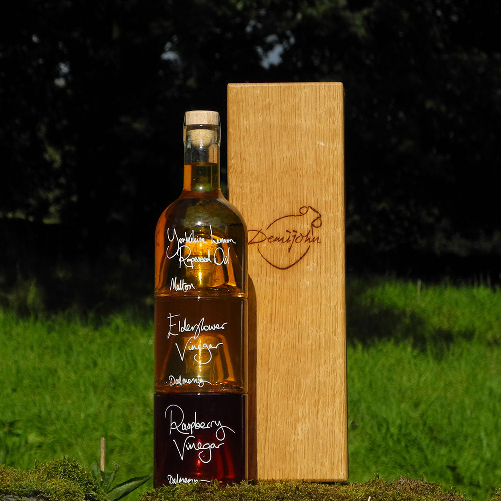 Summer Salad Dressing Gift Set with Yorkshire Lemon Rapeseed Oil, Elderflower Vinegar and Raspberry Vinegar in stacking bottles with handcrafted oak wood gift box