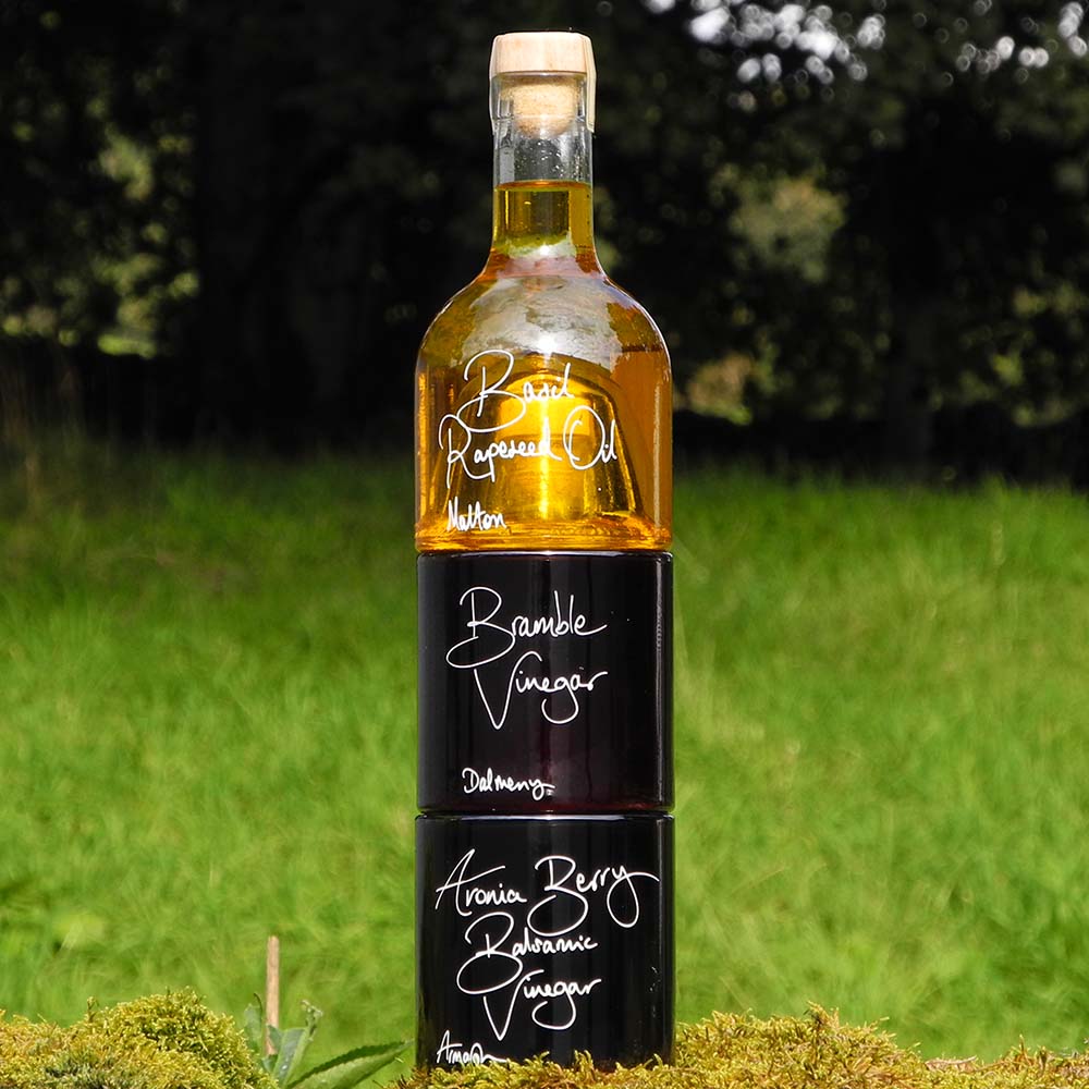 Autumn Salad Dressing Gift Set with Basil Rapeseed Oil, Bramble Vinegar and Aronia Berry Balsamic Vinegar in stacking bottles