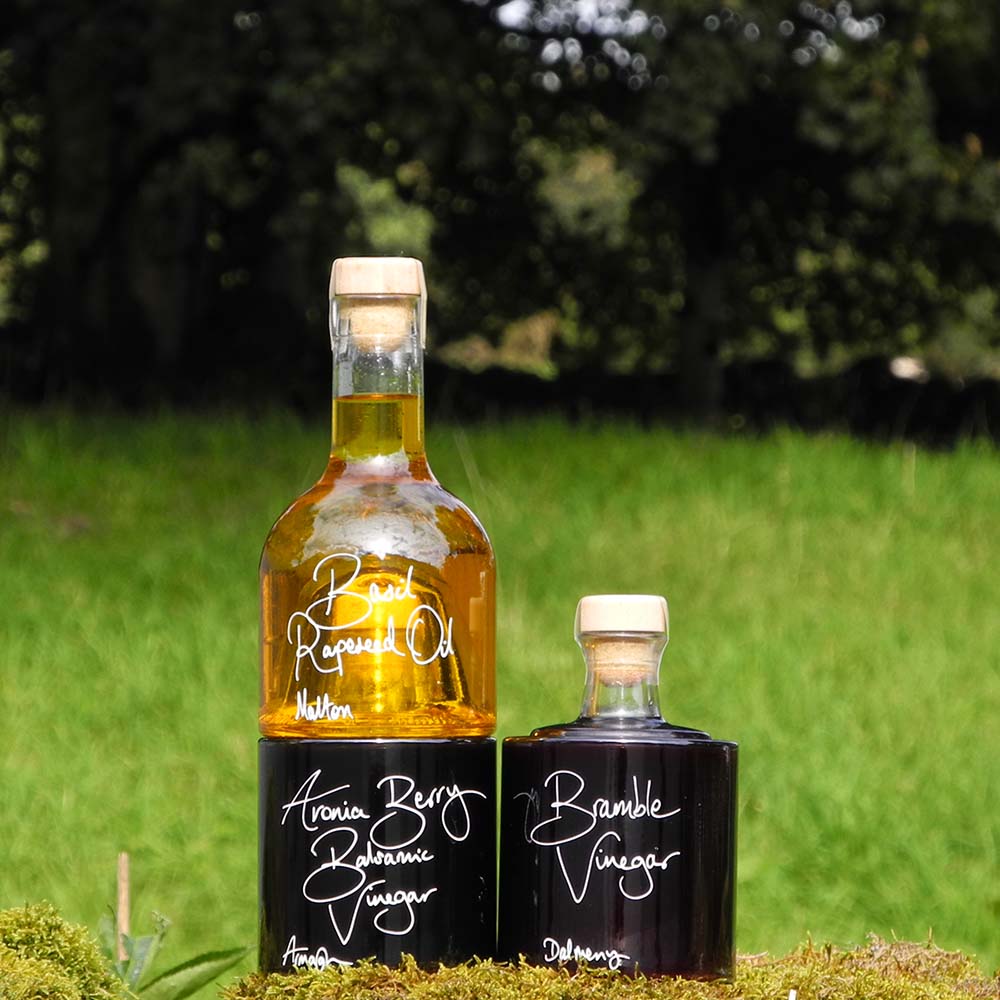 Autumn Salad Dressing Set with Bail Rapeseed Oil Bramble Vinegar and Aronia Berry Balsamic Vinegar in stacking bottles