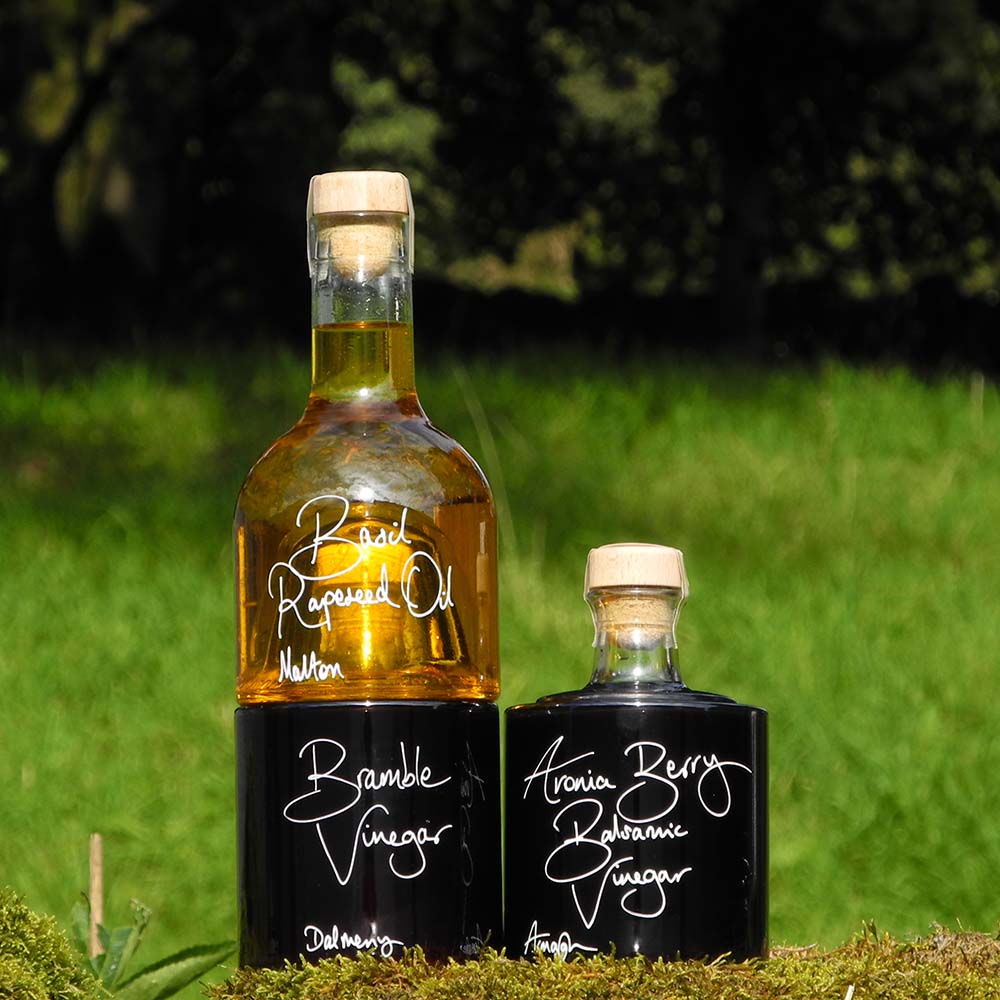 Autumn Salad Dressing Set with Bail Rapeseed Oil Bramble Vinegar and Aronia Berry Balsamic Vinegar in stacking bottles
