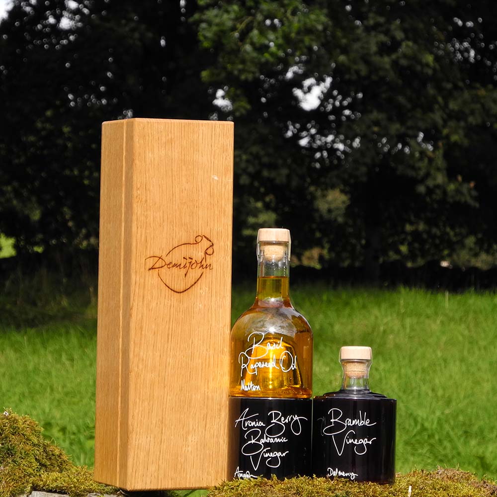 Autumn Salad Dressing Gift Set with Basil Rapeseed Oil, Bramble Vinegar and Aronia Berry Balsamic Vinegar in stacking bottles with a handcrafted Oak gift box