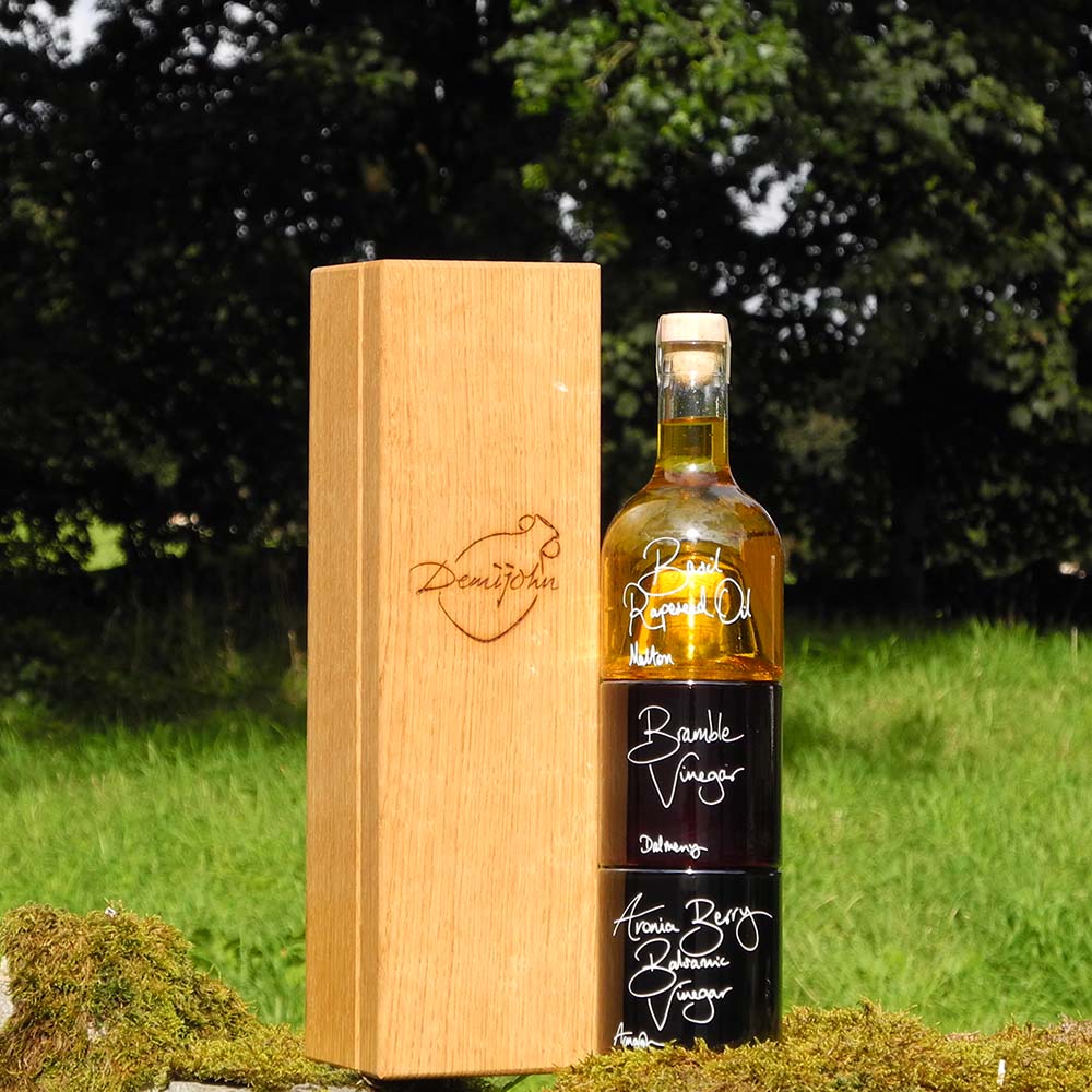 Autumn Salad Dressing Set with Bail Rapeseed Oil Bramble Vinegar and Aronia Berry Balsamic Vinegar in stacking bottles with handcrafted Oak gift box