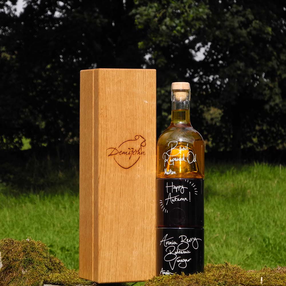 Autumn Salad Dressing Gift Set with Basil Rapeseed Oil, Bramble Vinegar and Aronia Berry Balsamic Vinegar in stacking bottles with a handcrafted Oak gift box with a personalised message