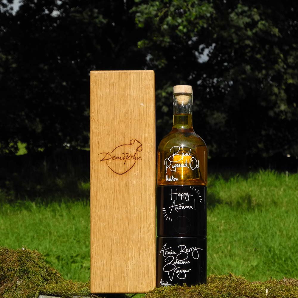 Autumn Salad Dressing Gift Set with Basil Rapeseed Oil, Bramble Vinegar and Aronia Berry Balsamic Vinegar in stacking bottles with a handcrafted Oak gift box and a hand written message
