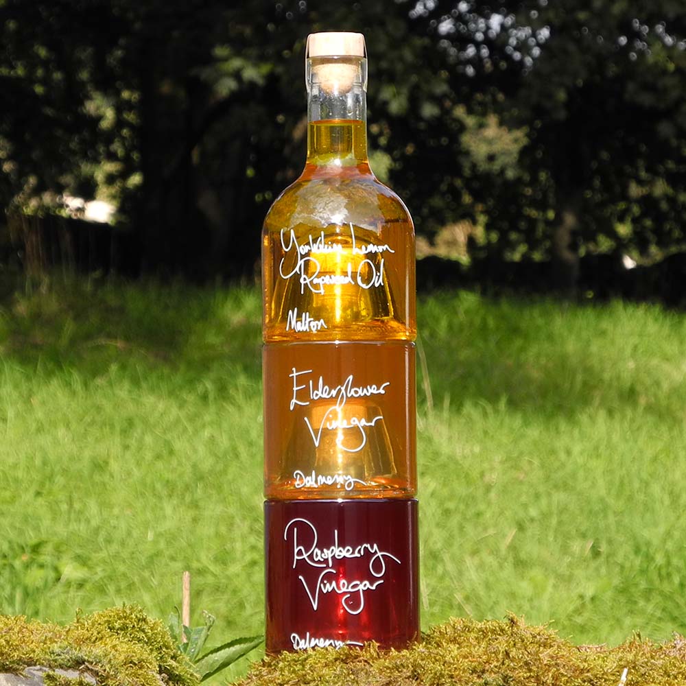 Summer Salad Dressing Gift Set with Yorkshire Lemon Rapeseed Oil, Elderflower Vinegar and Raspberry Vinegar in stacking glass bottles