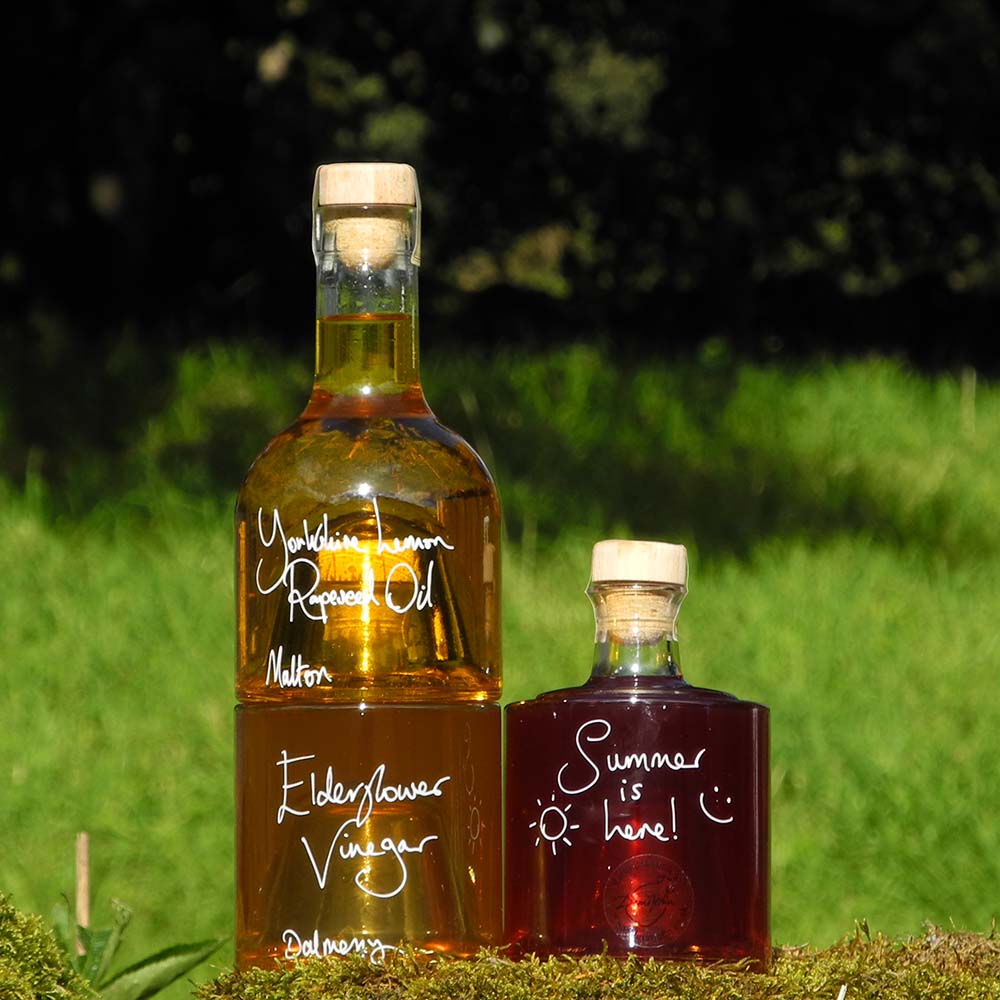 Summer Salad Dressing Gift Set with Yorkshire Lemon Rapeseed Oil, Elderflower Vinegar and Raspberry Vinegar in stacking glass bottles with a hand written personal message