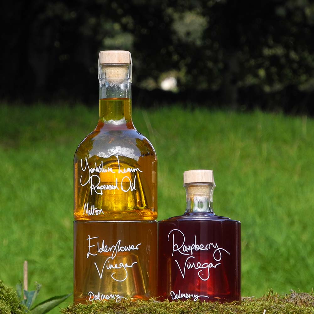 Summer Salad Dressing Gift Set with Yorkshire Lemon Rapeseed Oil, Elderflower Vinegar and Raspberry Vinegar in stacking glass bottles