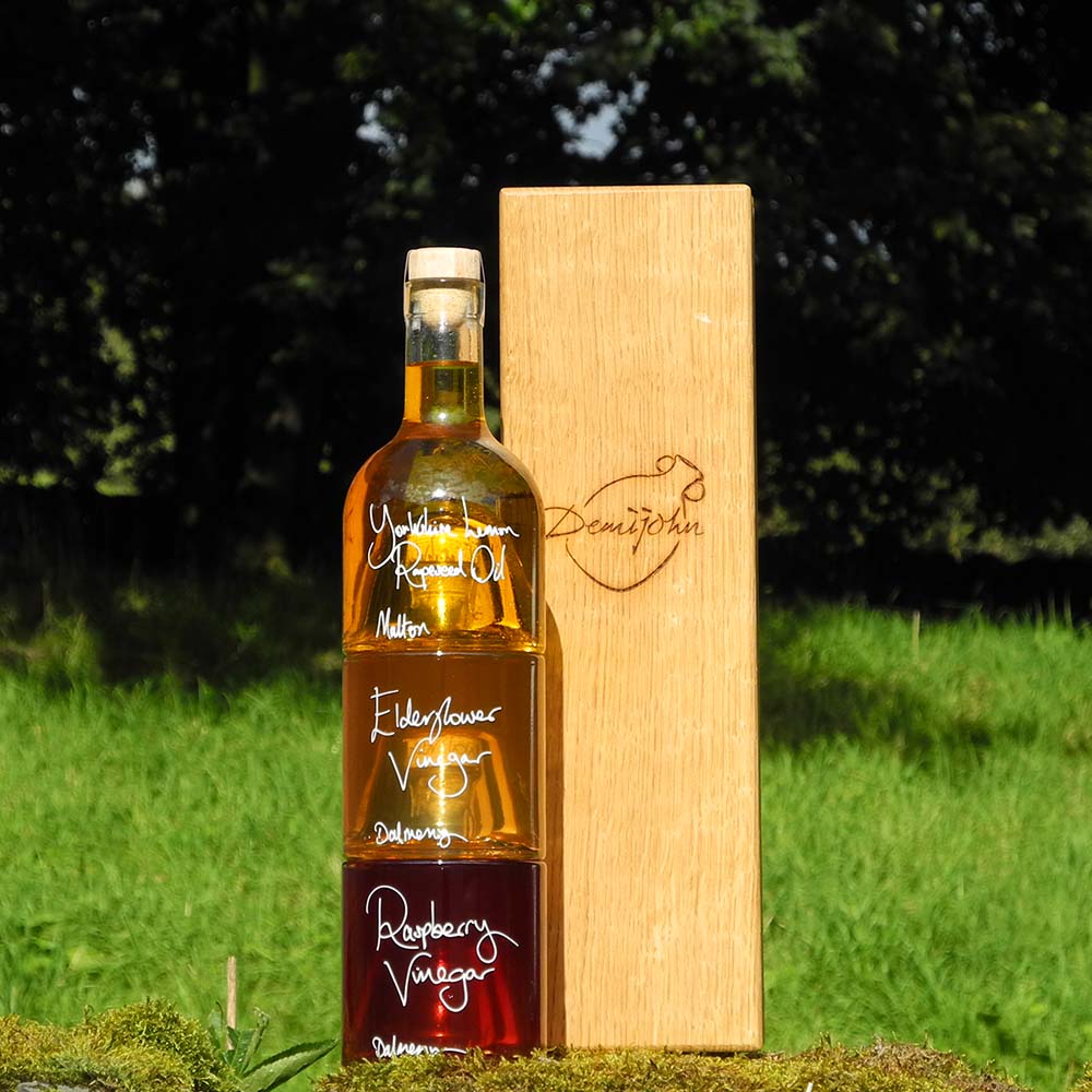 Summer Salad Dressing Gift Set with Yorkshire Lemon Rapeseed Oil, Elderflower Vinegar and Raspberry Vinegar in stacking bottles with handcrafted oak wood gift box