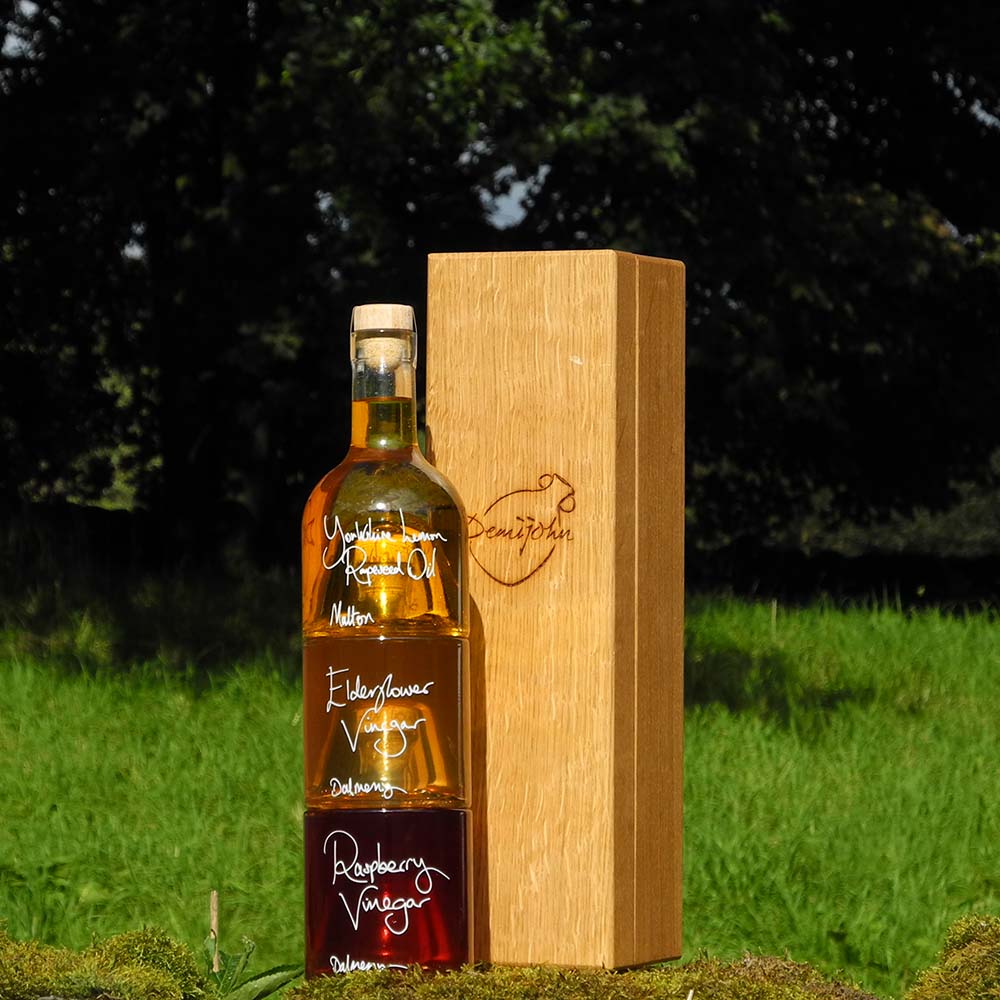 Summer Salad Dressing Gift Set with Yorkshire Lemon Rapeseed Oil, Elderflower Vinegar and Raspberry Vinegar in stacking bottles with handcrafted oak wood gift box