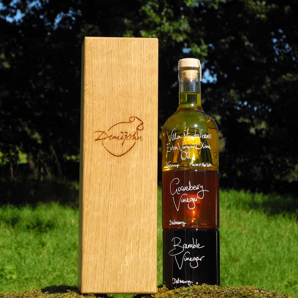 Tuscan Oil and Vinegar Stacking Gift Set with Gooseberry Vinegar and Bramble Vinegar with Oak Gift Box