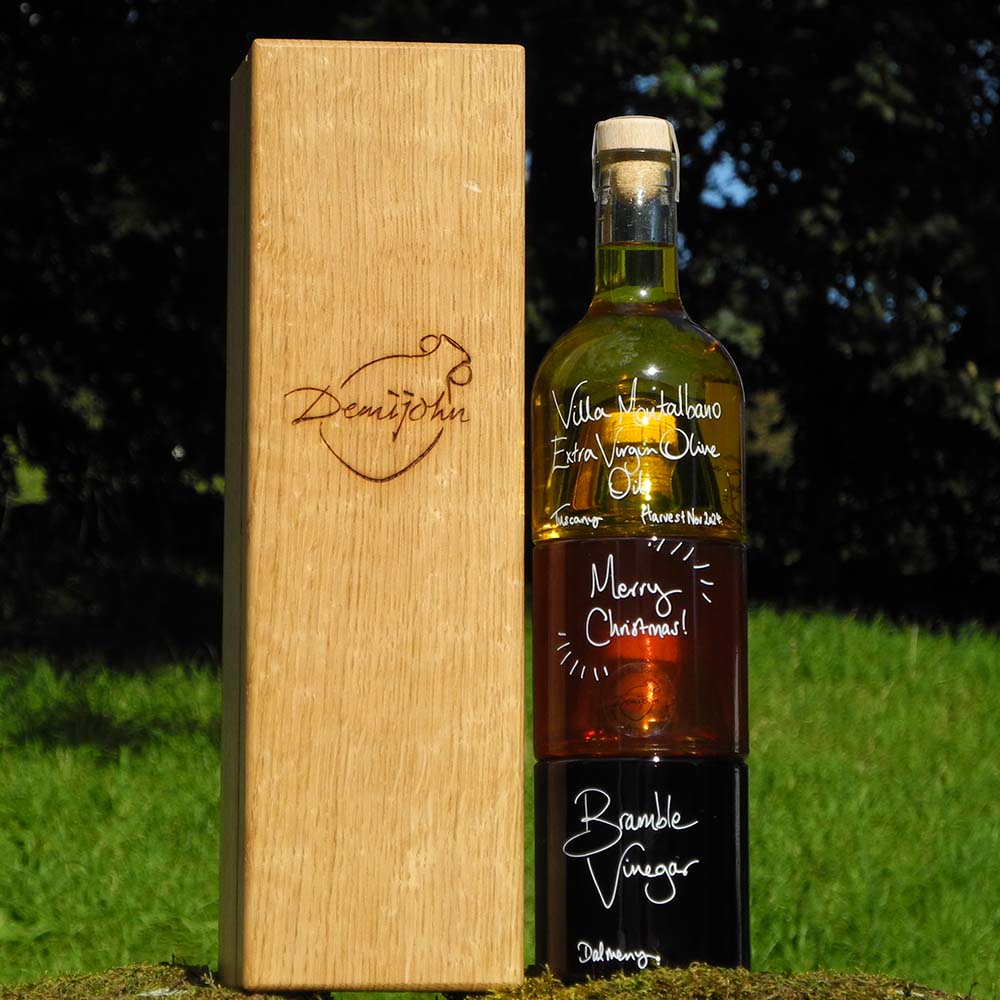 Tuscan Oil and Vinegar Stacking Gift Set with Gooseberry Vinegar and Bramble Vinegar with Oak Gift Box