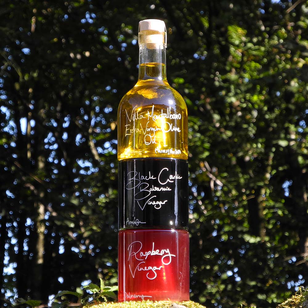 Bread Dipper and Salad Dressing Gift Set with Tuscan Olive Oil, Black Garlic Balsamic Vinegar and Raspberry Vinegar in Stacking Bottles