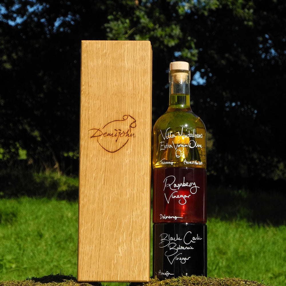 Bread Dipper and Salad Dressing Gift Set with Tuscan Olive Oil, Black Garlic Balsamic Vinegar and Raspberry Vinegar in Stacking Bottles and Oak Gift Box