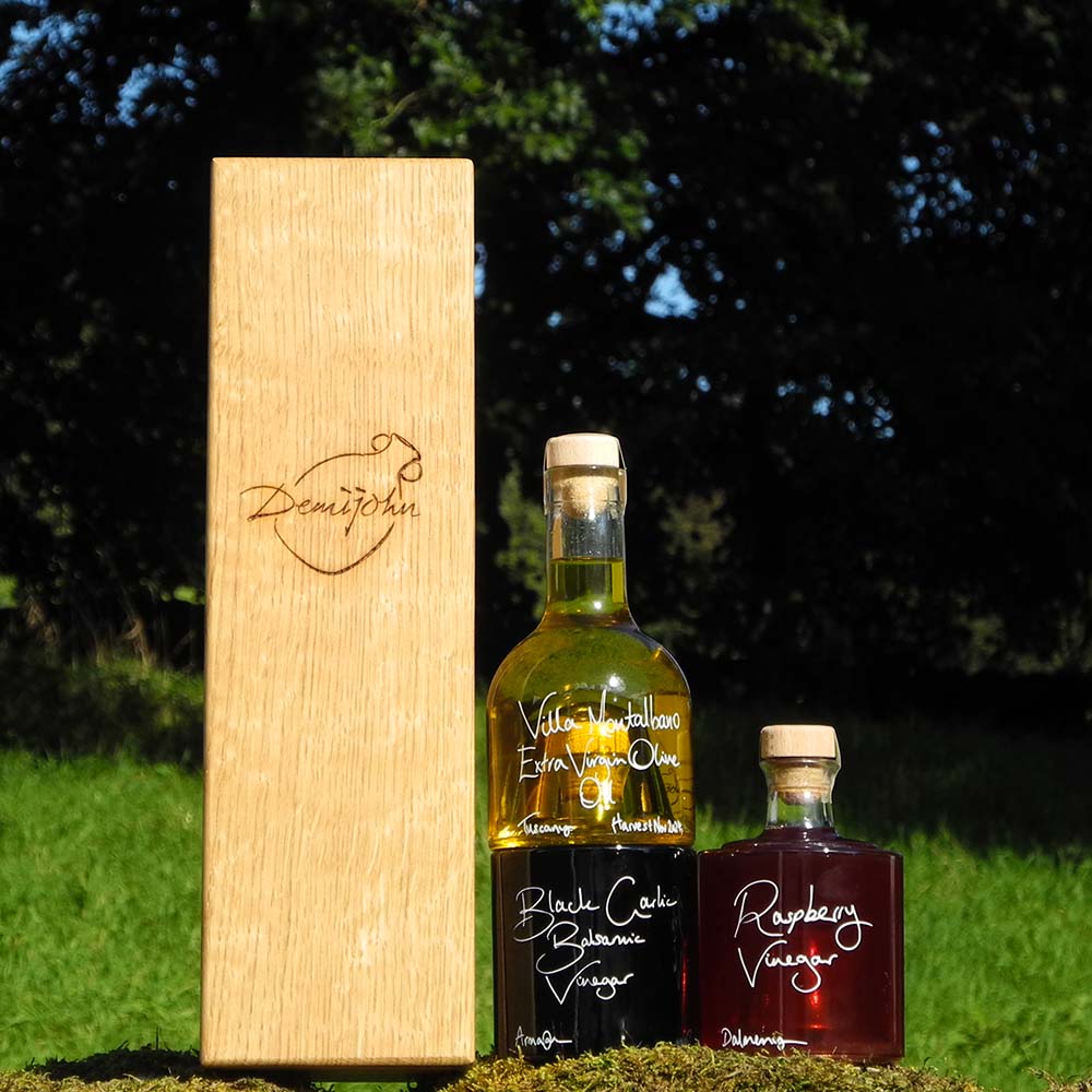 Bread Dipper and Salad Dressing Gift Set with Tuscan Olive Oil, Black Garlic Balsamic Vinegar and Raspberry Vinegar in Stacking Bottles and Oak Gift Box