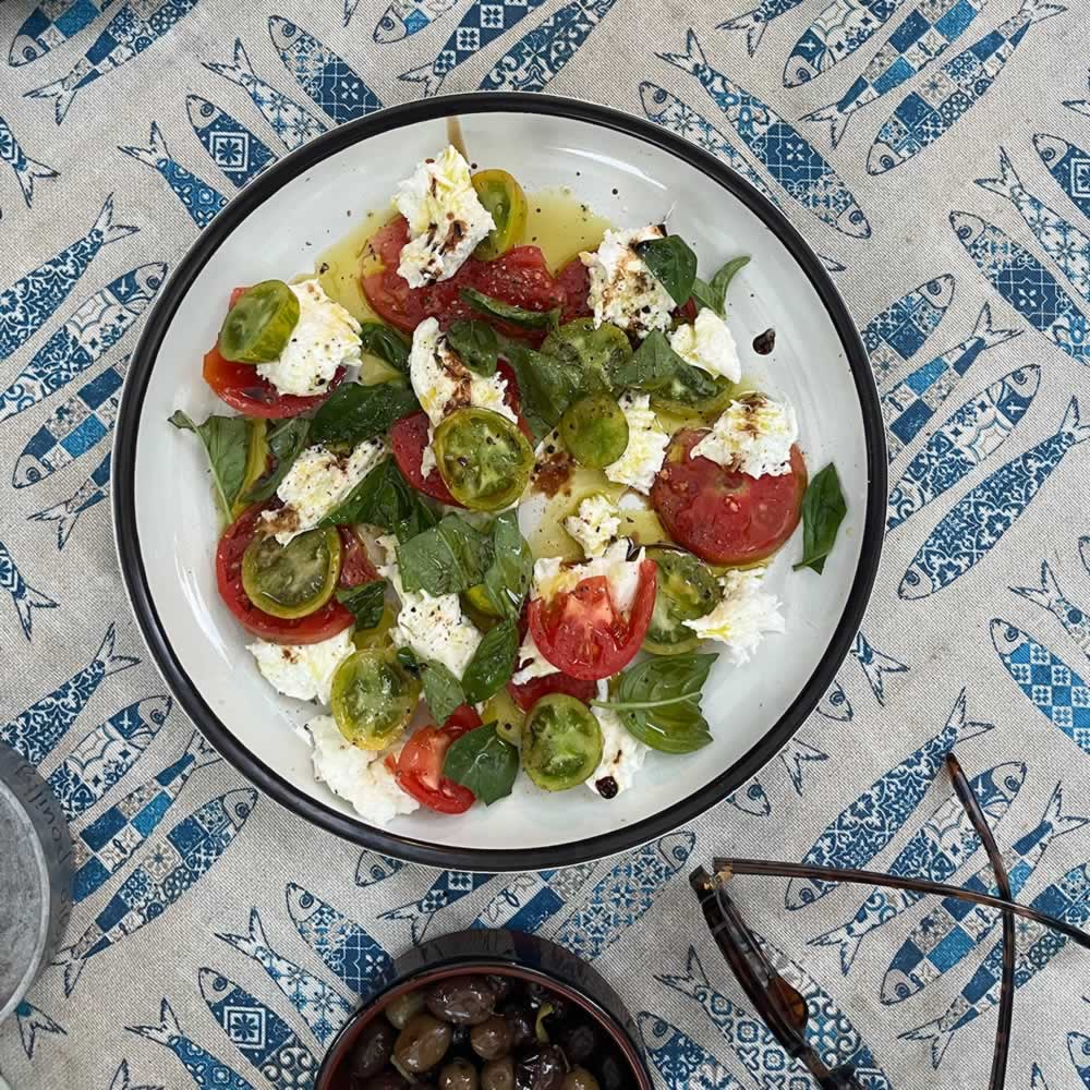 A caprese salad from Quinta Ponte de Pedra in late Oct 2025 prior to this years Extra Virgin Olive Oil harvest