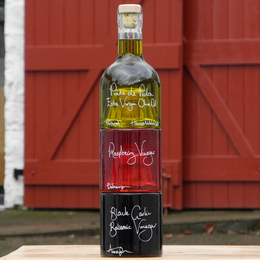 Bread Dipper and Salad Dressing Gift Set with Portuguese Olive Oil, Black Garlic Balsamic Vinegar and Raspberry Vinegar in Stacking Bottles and handwritten bottle messages