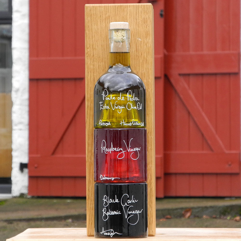 Bread Dipper and Salad Dressing Gift Set with Oak Gift Box containing Portuguese Olive Oil, Black Garlic Balsamic Vinegar and Raspberry Vinegar in Stacking Bottles and handwritten bottle messages