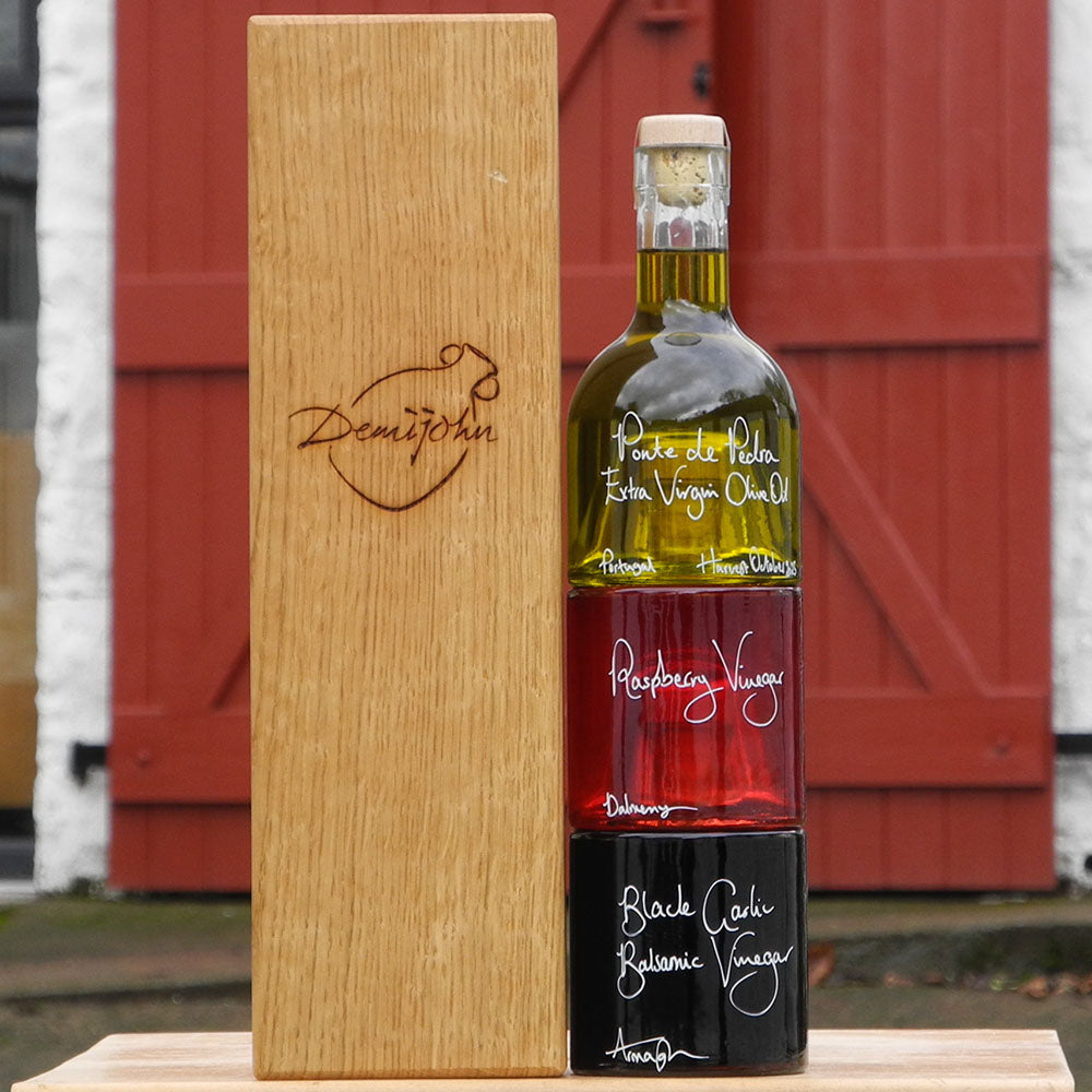 Bread Dipper and Salad Dressing Gift Set with Oak Gift Box containing Portuguese Olive Oil, Black Garlic Balsamic Vinegar and Raspberry Vinegar in Stacking Bottles and handwritten bottle messages