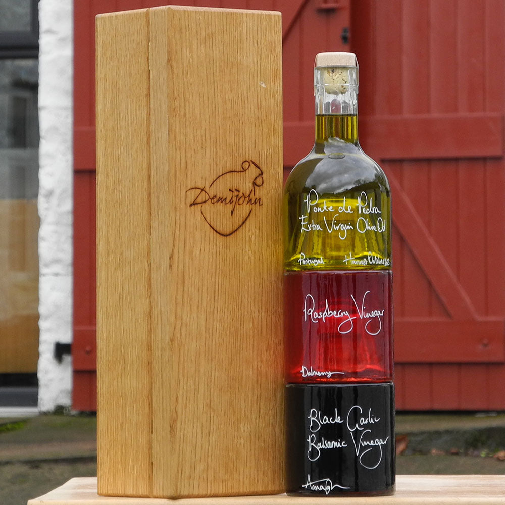 Bread Dipper and Salad Dressing Gift Set with Oak Gift Box containing Portuguese Olive Oil, Black Garlic Balsamic Vinegar and Raspberry Vinegar in Stacking Bottles and handwritten bottle messages