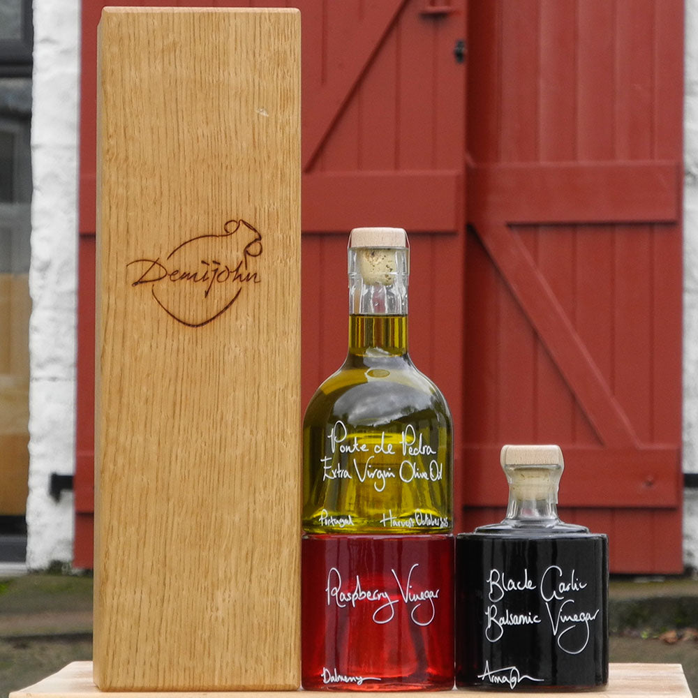 Bread Dipper and Salad Dressing Gift Set with Oak Gift Box containing Portuguese Olive Oil, Black Garlic Balsamic Vinegar and Raspberry Vinegar in Stacking Bottles and handwritten bottle messages