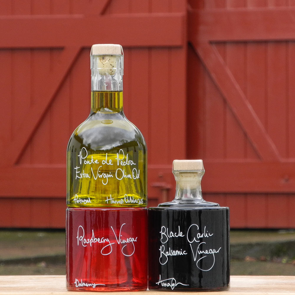Bread Dipper and Salad Dressing Gift Set containing Portuguese Olive Oil, Black Garlic Balsamic Vinegar and Raspberry Vinegar in Stacking Bottles and handwritten bottle messages