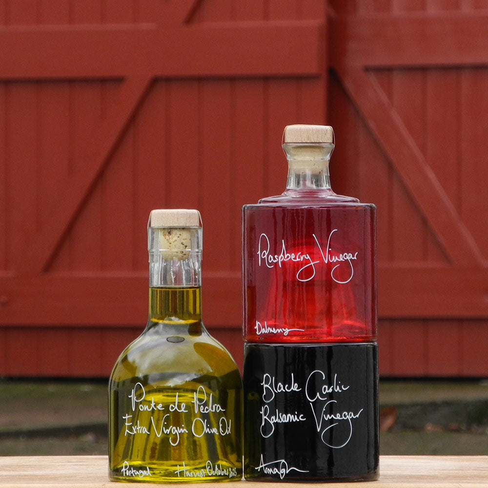 Bread Dipper and Salad Dressing Gift Set with Portuguese Olive Oil, Black Garlic Balsamic Vinegar and Raspberry Vinegar in Stacking Bottles and handwritten bottle messages