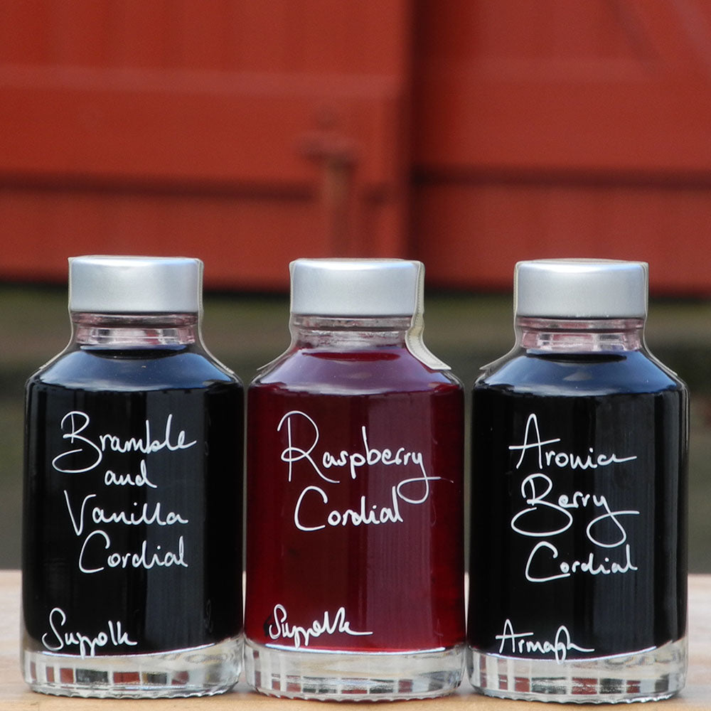 Mini Seriously Fruity Alcohol Free Gift Set consisting of three 100ml bottles containing handmade Bramble and Vanilla Cordial, Raspberry Cordial and Aronia Berry Cordial with handwritten bottle labels in white pen that can be personalised. 