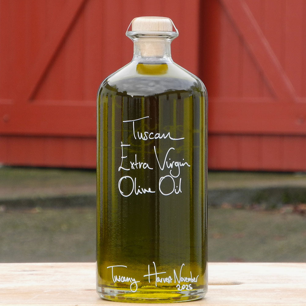 Spinelli Tuscan Extra Virgin Olive Oil with handwritten bottle message in white pen.