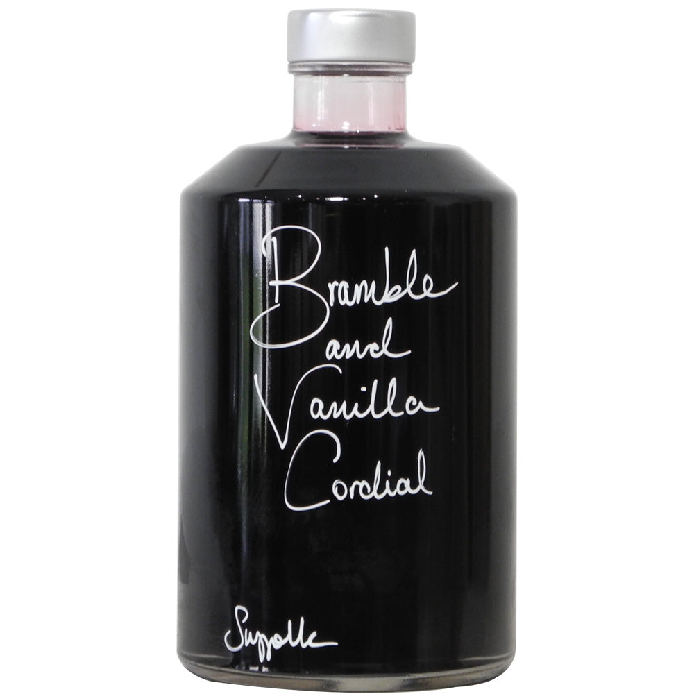 Bramble and Vanilla Cordial with handwritten bottle message in white pen.