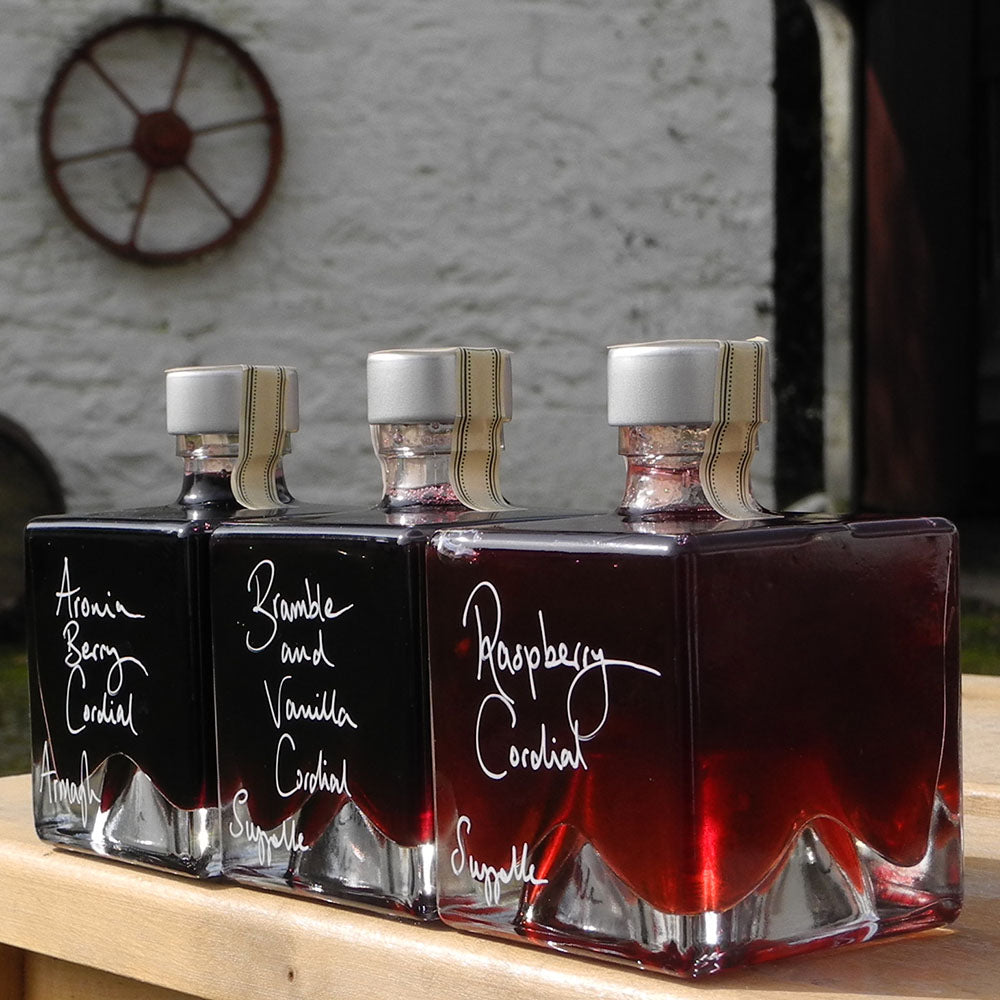 A gift set of three cube shaped, 100ml glass bottles sitting next to each other on a wooden surface, each filled with a different handmade alcohol free drink: Raspberry Cordial, Bramble and Vanilla Cordial, and Aronia Berry Cordial, with white handwritten labels.
